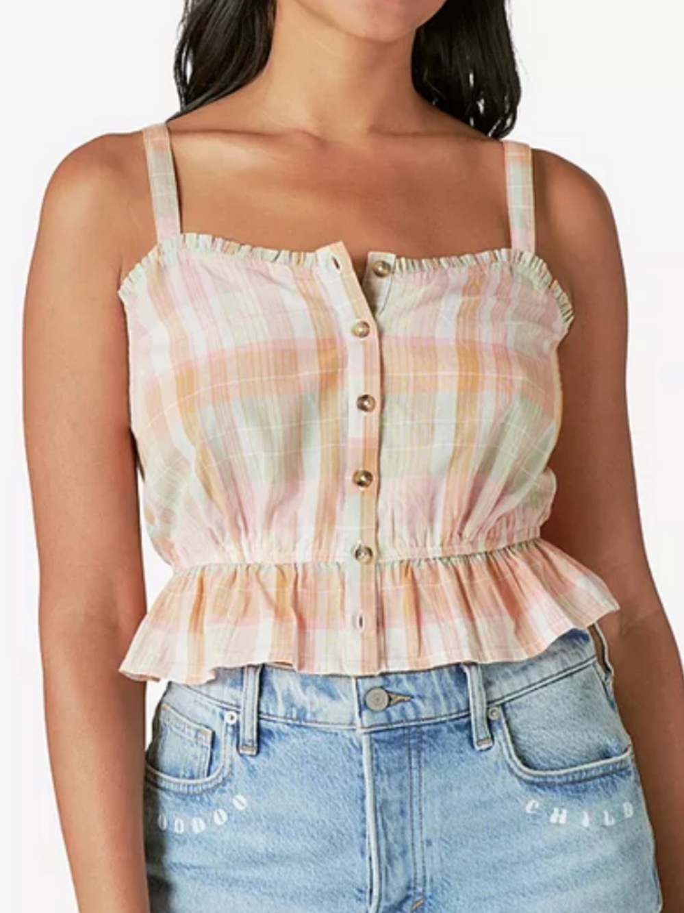 Lucky Brand Womens Pastel Plaid Cropped Cotton Tank Top Large L